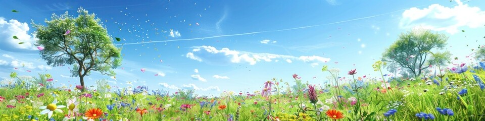 A lush spring meadow in full bloom with colorful wildflowers, a clear blue sky, and a gentle breeze swaying the flowers.
