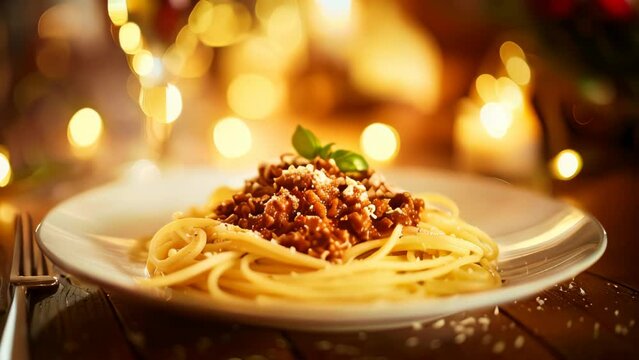 Close up of delicious pasta bolognese on a white plate