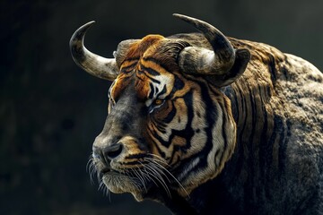 A digitally created image of a hybrid animal with features of a tiger and a bull, showcasing its unique and striking appearance.