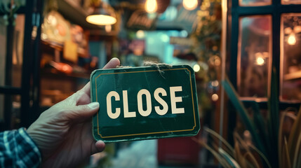Hand Holding Close Sign in Cozy Evening Cafe Setting