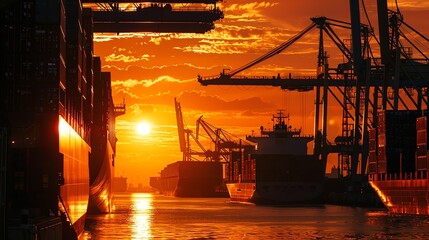 Silhouette of cargo containers stacked at a port, ships docked nearby, orange sunset