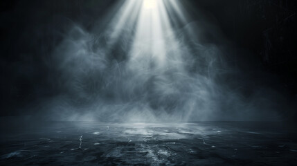 A dark room with a light shining on a foggy area. Scene is mysterious and eerie