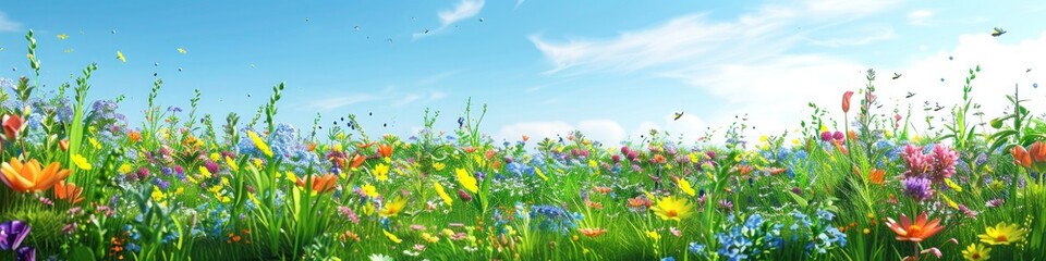 A lush spring meadow in full bloom with colorful wildflowers, a clear blue sky, and a gentle breeze swaying the flowers.