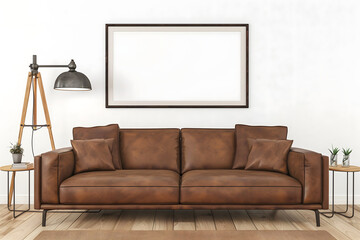 Modern living room with brown leather sofa and blank picture frame