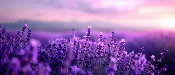 Naklejka premium Stunning Lavender Field at Sunset with Vibrant Purple Flowers and Soft Pastel Sky