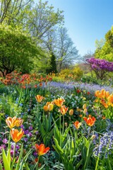 A lush spring garden in full bloom with vibrant flowers and a clear blue sky.