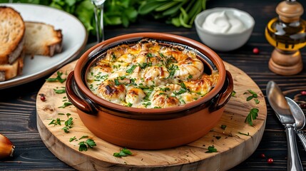 Close-up of a delicate French escargot dish, presented on a wooden table in a cozy restaurant, with a charming ambiance and fresh herbs, copy space for text, focus cover all aspects, deep depth of