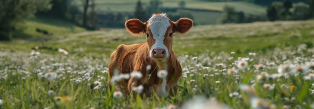 A close up  Simmental cattle cute calf in bright nature green grass spring or summer landscape 