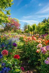 A lush spring garden in full bloom with vibrant flowers and a clear blue sky.
