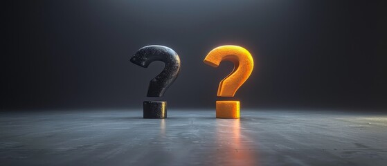 Two black and orange question marks are on a dark background