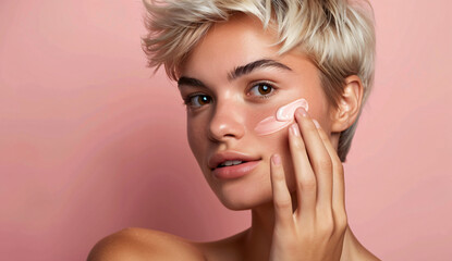 Fototapeta premium Photo of a blonde woman with short hair holding an organic cream tube and applying it to her face, isolated on a pink background. The photo was taken with a telephoto lens in natural lighting.