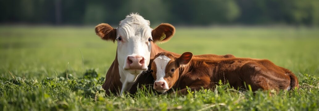A close up  Simmental cattle cute calf baby and mom in bright nature green grass spring or summer landscape 