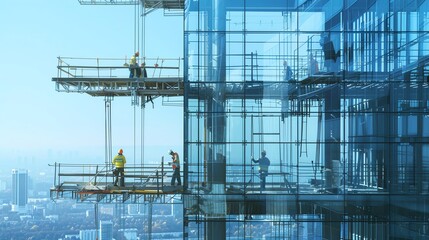 Construction of a high-tech office building with workers using advanced tools, glass and steel architecture, city background