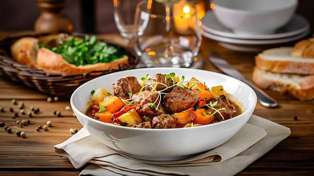 Close-up of a flavorful French lamb navarin, served with a side of roasted vegetables, placed on a wooden table in a cozy restaurant, surrounded by a warm and inviting ambiance.