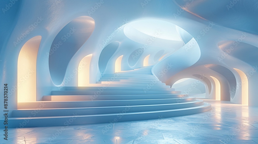Poster an abstract 3d architectural scene with surreal geometric forms and a minimalist design, creating a 
