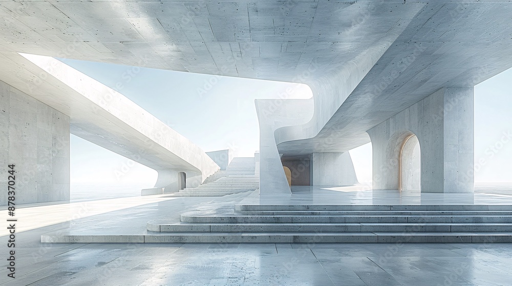 Poster surreal 3d rendering of an abstract geometric architectural design, featuring clean lines and a mini