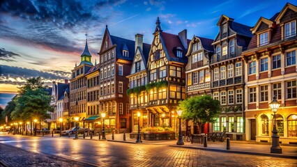 Fototapeta premium Picturesque European City Street With Traditional HalfTimbered Houses At Dusk