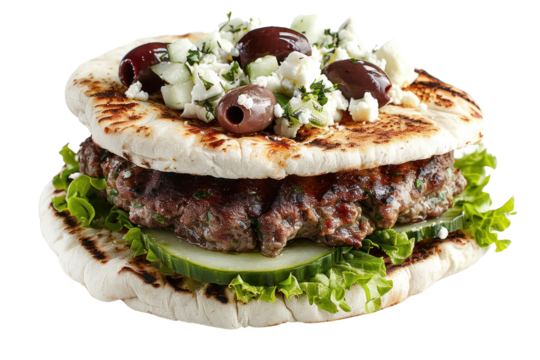 breakfast burger with a savory sausage patty, topped with a fried egg, American cheese, sandwiched between two buttermilk pancakes, isolated on a white background.