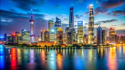 Fototapeta premium Shanghai skyline illuminated at night with reflection on river