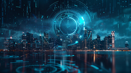 Futuristic Digital Interface Overlaying Night Cityscape
