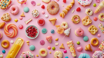 A colorful background of various sweet treats, including donuts, candies, and other sugary delights.