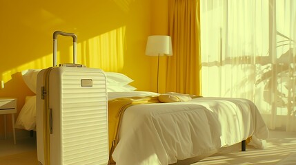 Fototapeta premium White suitcase in hotel room on the yellow bedroom