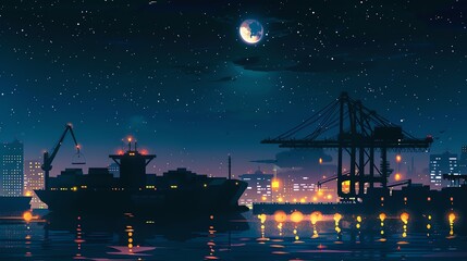 Silhouette of a cargo ship at the port, cranes lifting containers, night scene with bright lights