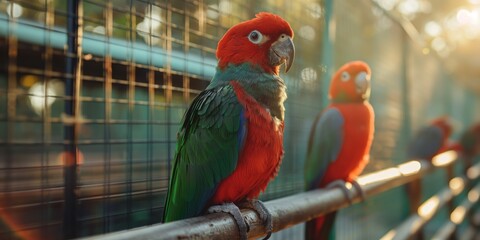 Obraz premium Eclectus Parrots in exotic animal pet farm, cute colorful bird in bird cage with morning sunlight, 