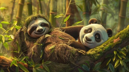 Obraz premium A sloth and a panda relaxing together in a bamboo forest