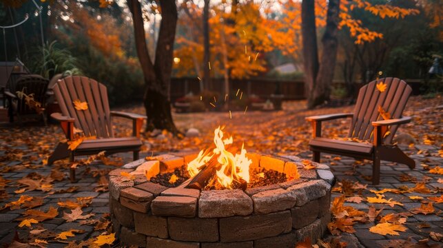 A cozy fire pit with two chairs in a fall forest setting.