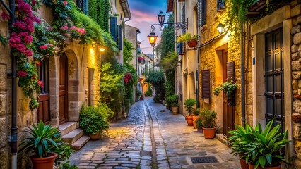 Fototapeta premium Charming cobblestone alleyway in a quaint European town adorned with vibrant flowers and glowing street lamps