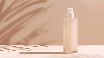 Minimalistic skincare product in an elegant, frosted glass bottle on a pastel pink background with soft shadows.