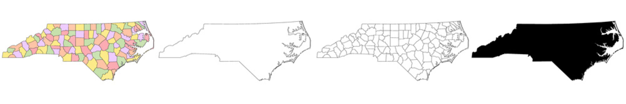 North Carolina administrative map, North Carolina outline and counties state map set - illustration version