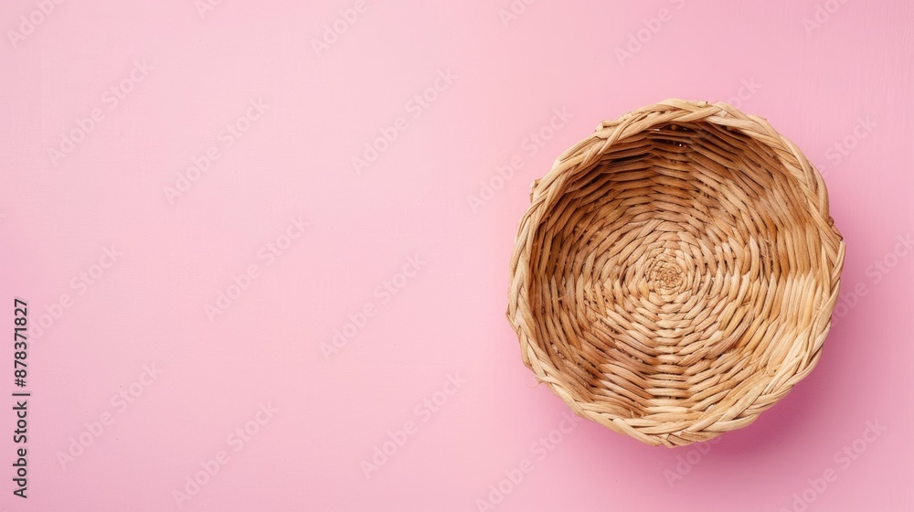 Aufkleber octagonal straw basket on pink background top view decorative interior objects empty space