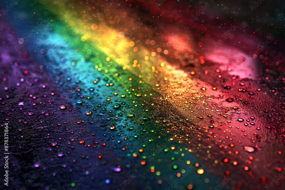 Poster a close-up of a wet surface with rainbow light and water droplets creating a vibrant and reflective 