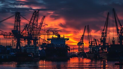 Fototapeta premium Silhouette of a shipyard with cranes and cargo ships, twilight setting, dramatic sky