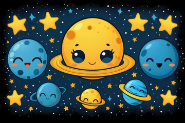 Cute cartoon planets with smiling faces and stars in a whimsical space scene. Perfect for kids' illustrations and educational materials.