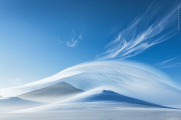 A mountain range covered in snow with a blue sky in the background