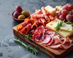 A delicious charcuterie board with salami, prosciutto, cheese, grapes, olives and rosemary.