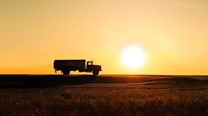Silhouette of a truck driving through a rural landscape, mountains in the background, sunset