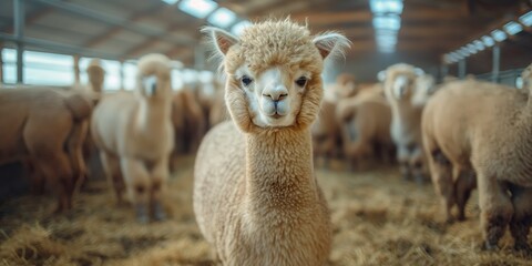 Obraz premium Alpacas standing in a modern farm, livestock industry,