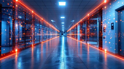 Fototapeta premium Futuristic data center corridor with glowing red lines and servers on both sides, symbolizing advanced technology and network infrastructure.