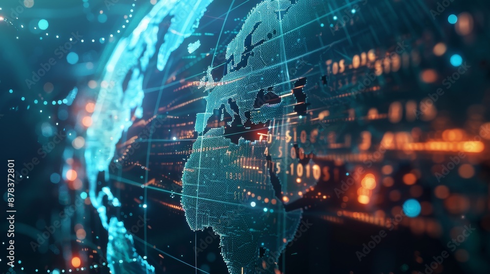 Poster a digital representation of the globe with glowing lines connecting continents, symbolizing global i