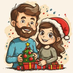 Fototapeta premium Happy couple celebrating Christmas with a decorated tree and gifts, enjoying the festive season together in a cartoon style illustration.