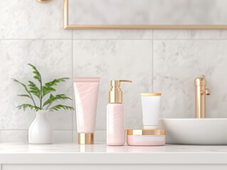 Fototapeta premium Elegant bathroom vanity with modern skincare products displayed on a marble countertop, complemented by a small potted plant and a gold faucet.