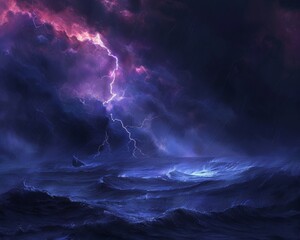 Fototapeta premium A dramatic stormy sky with lightning striking over a raging sea.
