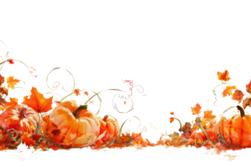 Exotic pumpkin border with chic pumpkins. swirling leaves and vibrant autumn hues. Isolated on a white background