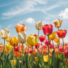 A field of colorful tulips bloom under a bright blue sky.