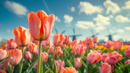 A field of vibrant pink tulips blooms beneath a blue sky, with traditional windmills silhouetted in the distance.