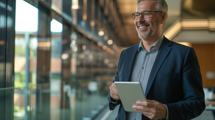 Happy male in formal attire with tablet at lobby